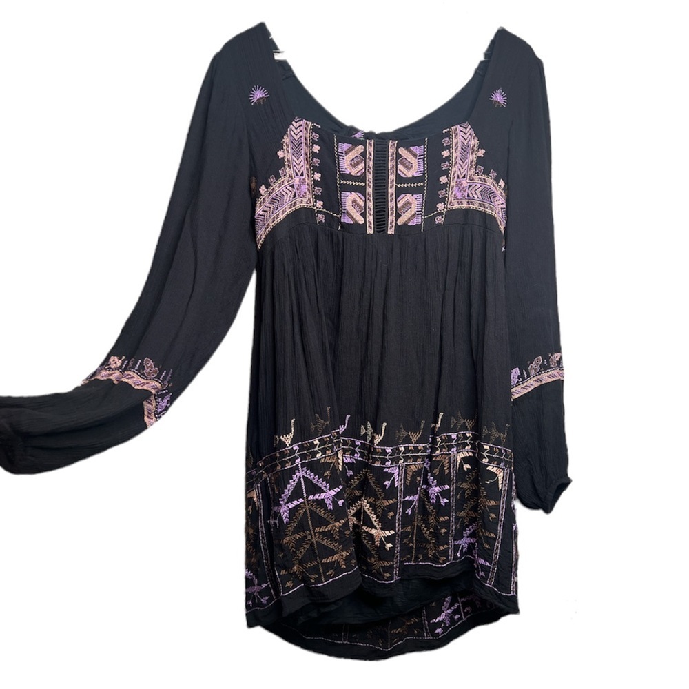 Free People Rhiannon Embroidered Babydoll Black Open Back Long Sleeve Dress